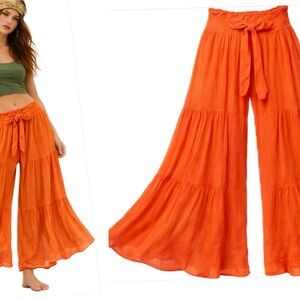 NWT Boho Hippie Tiered Vibrant Orange Palazzo Pants Wide Leg Smocked Waist L-XL